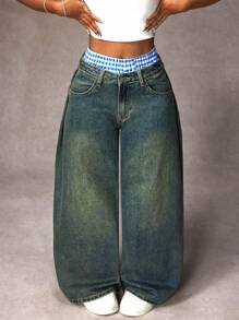 SHEIN Tall 女士复古水洗宽松阔腿牛仔裤 - 藍色 - 查看 3