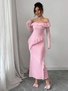 Chiquease Women's Off Shoulder Long Sleeve Mesh Splice Minimalist Bodycon Dress