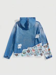 ROMWE MEN Street Life Men Letter Graphic Long Sleeve Ripped Hooded Denim Jacket, Autumn - Baby Blue - View 8