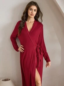 Ocili 女士纯色系带长袖简约休闲长袍 - 酒紅色 - 查看 4