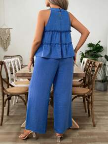 SHEIN LUNE New Sweet Ruffled O-Neck Sleeveless Blouse & Loose Pants Set - Blue - View 2