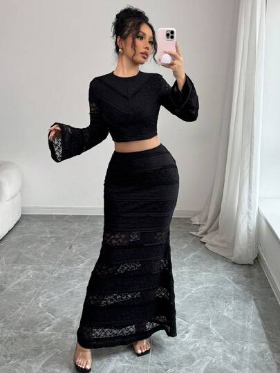 Chiquease 2 件套：法式浪漫蕾丝透视上衣，纹理设计，搭配修身长款鱼尾裙