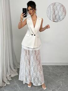 Chiquease 2pcs Set: Casual Open Front Jacket & Lace Skirt - White - View 3