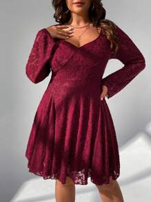 SHEIN Privé Váy chữ A tay dài in hoa ren nhung thanh lịch cỡ lớn cho nữ, dáng chữ V sâu gợi cảm, phong cách quyến rũ, mùa xuân/hè - Đỏ - Xem 3