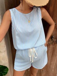 SHEIN Maternity Sleeveless Tank Top And Drawstring Loose Shorts 2 Pieces Set - Blue - View 5