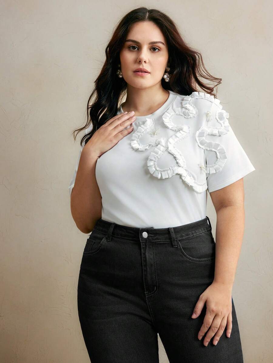 Anewsta Asymmetrical White Short Sleeve T-Shirt With 3D Floral Design, Urban Spring/Summer Outfits For Women