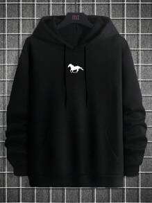 EURMUSE 100%Cotton Men's Horse Print Drawstring Black Hoodie - Black - View 4