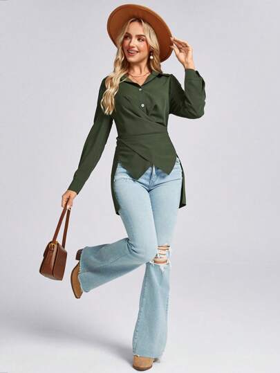 SHEIN LUNE 1pc Women's Cross-Wrap Front V-Neck Office Christmas Green Shirt Business Casual Western