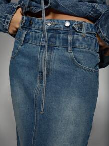 MISSGUIDED Double Waistband Denim Maxi Skirt - Medium Wash - View 4