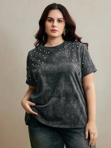 Anewsta Plus Size Women's Modern Distressed Wash Short T-Shirt - Dark Grey - View 1