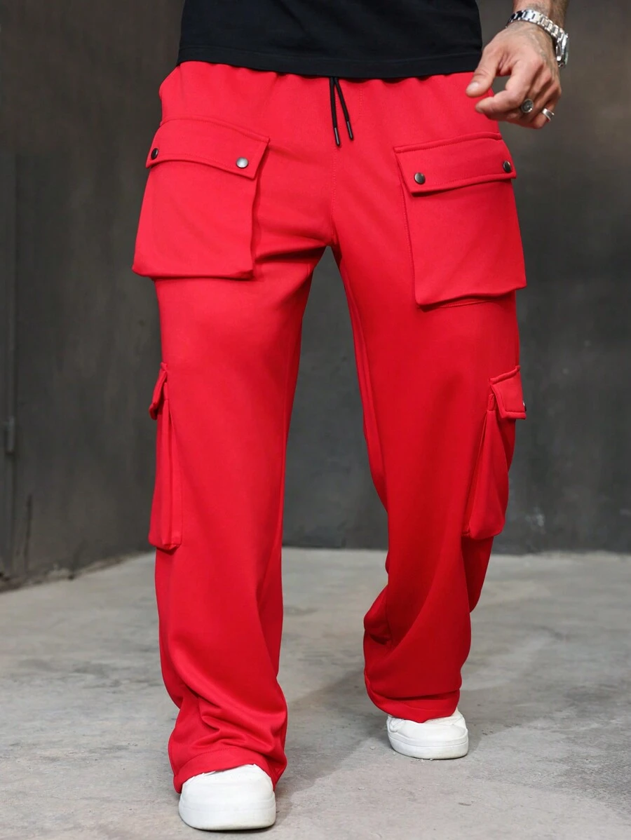 Manfinity Homme 大码男士纯色系带前口袋休闲裤，日常穿着 - 紅色 - 查看 1