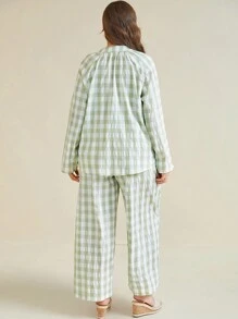 EMERY ROSE 2pcs Plus Size Textured Green & White Plaid Long Sleeve Top & Bottom Set, Spring Outfits - Green - View 2