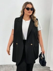 SHEIN CURVE+ Blazer con colletto a bavero e doppio bottone, taglia comoda, adatto per abbigliamento da lavoro, laurea, ritorno a scuola, outfit per insegnanti in autunno/inverno