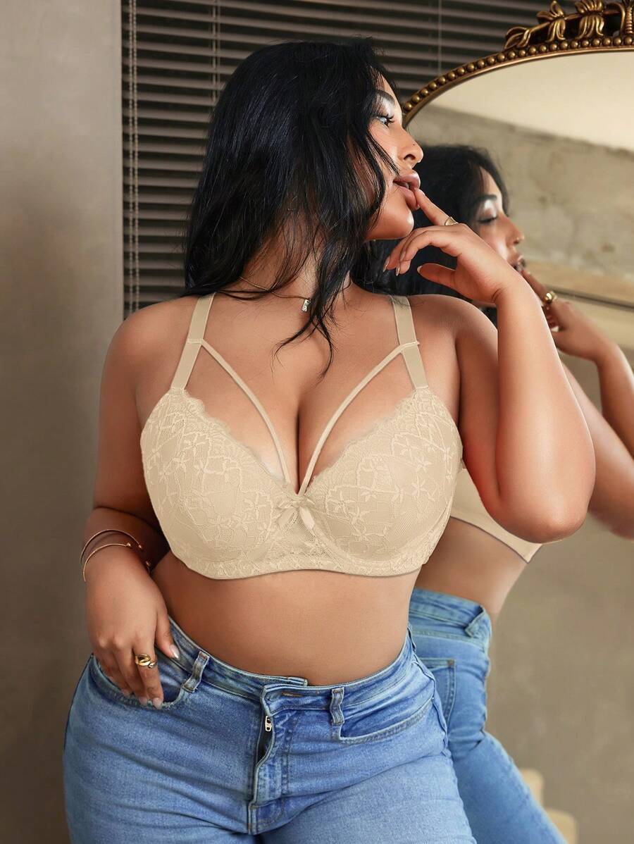 1pc Women Plus Size Contrast Lace Underwire Push Up Bra, Sexy Comfortable Supportive Lingerie - Beige - View 1