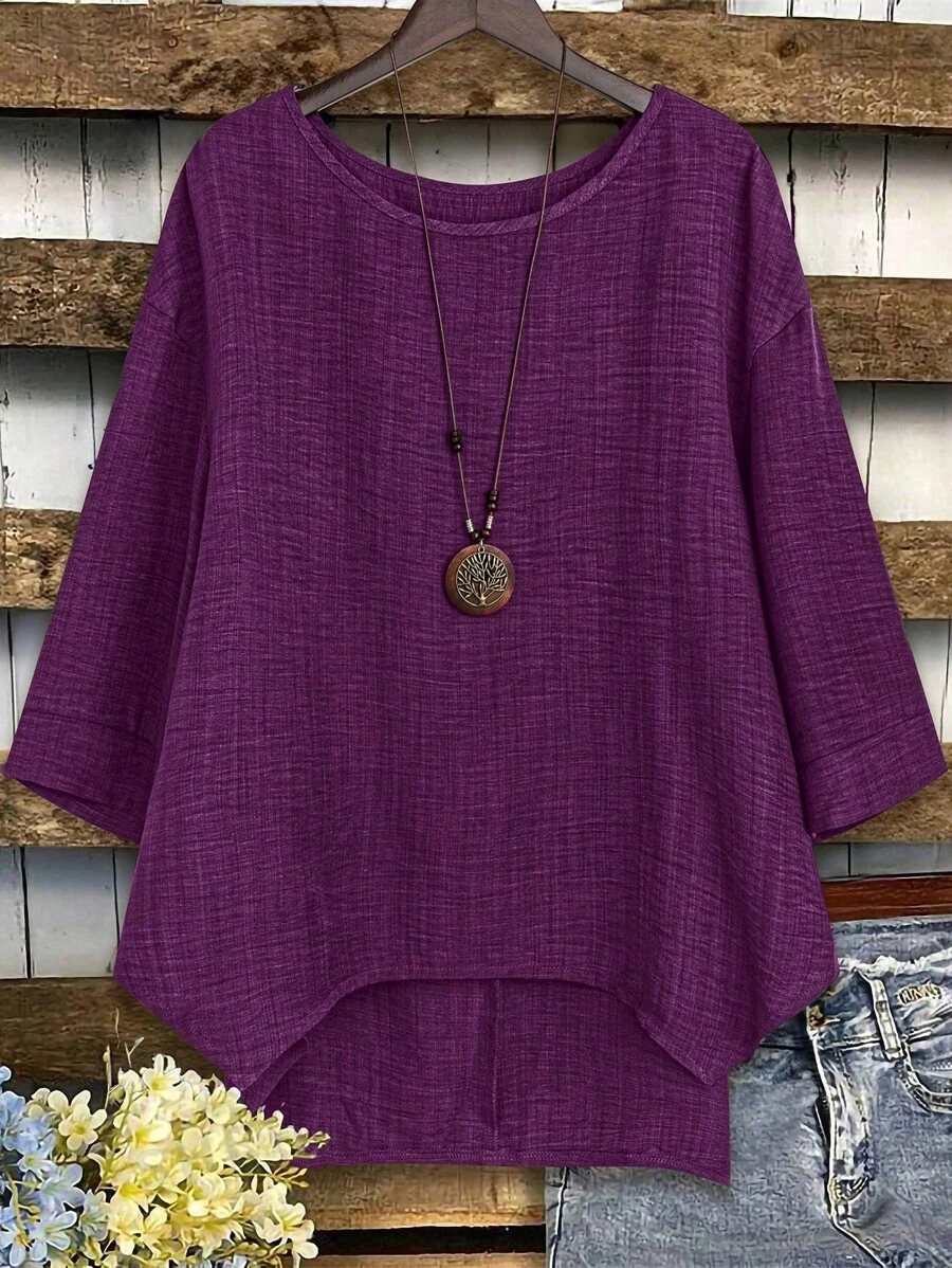 Plus Size Women's Solid Color Round Neck Drop Shoulder Loose Casual Blouse - Purple - View 1