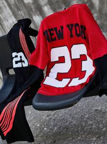 Manfinity Campus Court Men's Streetwear Mesh Basketball Jersey Sweatshirt & Sweatpants Set,Black And Red Number 23 Print 2 In 1 Tracksuit For Autumn,Vacation,Back-To-School - Multicolor - View 1