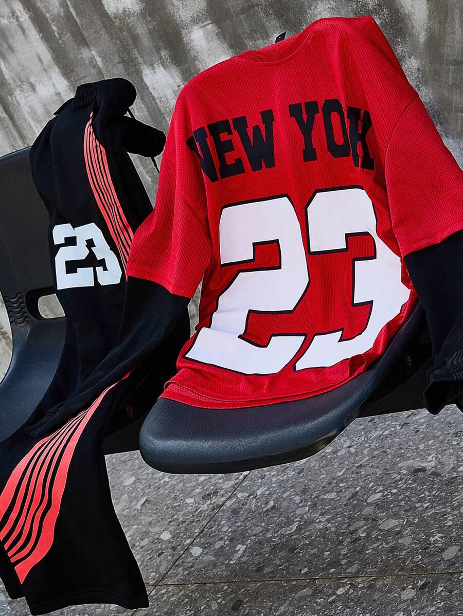 Manfinity Campus Court Men's Streetwear Mesh Basketball Jersey Sweatshirt & Sweatpants Set,Black And Red Number 23 Print 2 In 1 Tracksuit For Autumn,Vacation,Back-To-School - Multicolor - View 1