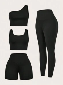 SHEIN Essnce Đồ thể thao nữ cỡ lớn, Bộ 4 món, Bộ đồ nữ, Đồ tập yoga, Đồ mặc ngoài, Bộ đồ mùa hè, Bộ đồ tập thể dục, Quần bó, Quần bó, Bộ đồ đen - màu đen - Xem 1