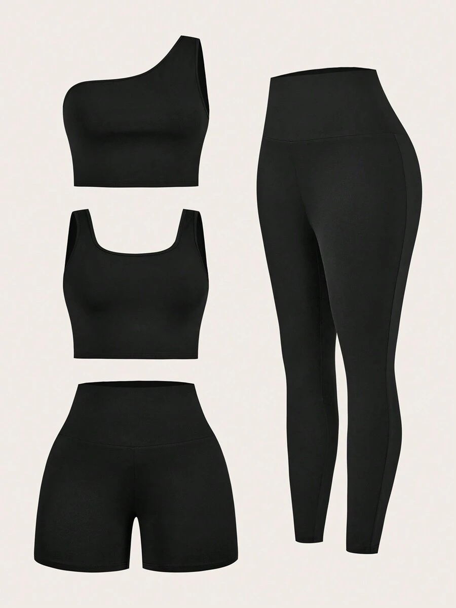 SHEIN Essnce Đồ thể thao nữ cỡ lớn, Bộ 4 món, Bộ đồ nữ, Đồ tập yoga, Đồ mặc ngoài, Bộ đồ mùa hè, Bộ đồ tập thể dục, Quần bó, Quần bó, Bộ đồ đen - màu đen - Xem 1