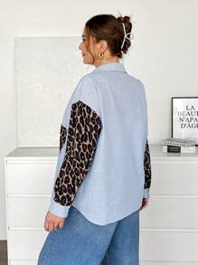 SHEIN Essnce Lässig gestreiftes Hemd für Damen in Große Größen, Leopard Muster Langarm-Oberteil