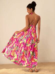 Travachic Woven Print Spaghetti Strap Split Dress For Women - Hot Pink - View 3