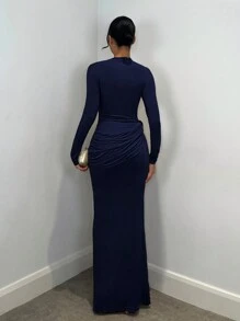 SHEIN BAE Vestido elegante de manga larga para mujer con decoración metálica, adecuado para citas casuales, salidas, discotecas, fiestas, festivales, Navidad y Nochevieja - Azul Marino - Ver 2
