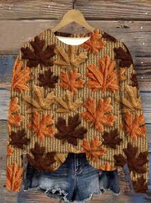 EMERY ROSE Women's Maple Leaf Pattern Round Neck Casual Fleece Sweatshirt For Autumn/Winter Graduation,Back To School Outfits,Graduation,Teacher Outfits For Women,Back To School - Multicolor - View 4