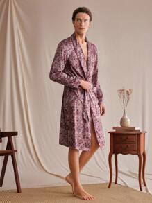 Manfinity Men's Allover Print Long Sleeve Casual Tied Front Robe - Multicolor - View 4