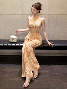 DAZY Floral Print Twist Front Top & Wide Leg Pants 2 Pieces Set For Women