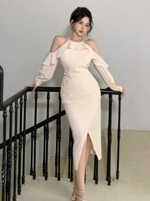 DAZY Mid-Calf Length Open Shoulder Ruffle Trim Slit Dress For Women,Fall Dress Long Sleeve Dress - Beige - View 9