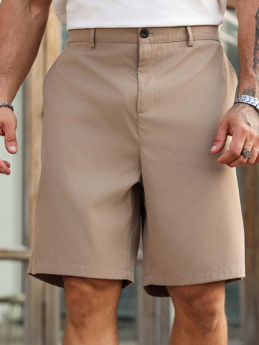 Manfinity Homme Plus Size Men's Solid Color Button-Front Pocket Simple Shorts, Casual Everyday Wear - Khaki - View 1