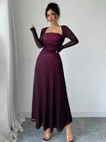 Firerie 女士红黑方领长袖荷叶边收腰连衣裙，适合春夏秋季，适合日常通勤、度假、茶会、婚礼嘉宾 - 紅色和黑色 - 查看 3