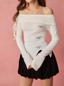 Enchnt Women's Solid Color Off Shoulder Long Sleeve Top, Minimalist Casual Everyday Wear
