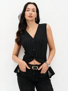 EMERY ROSE Women's Black Base Striped Print Fitted Vest Jacket, Casual Daily Wear, Spring/Summer - Multicolor - View 3