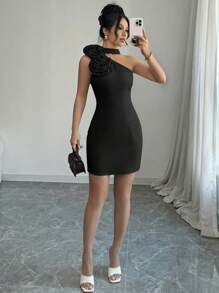 Chiquease Sexy Fitted 3D Floral Open Shoulder Sleeveless Long Dress For Women One Sleeve Dress One Shoulder Dress