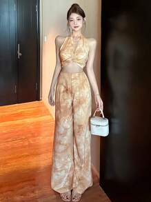 DAZY Floral Print Twist Front Top & Wide Leg Pants 2 Pieces Set For Women