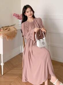 DAZY 情人节粉色腰部收紧宽松连衣裙，女士秋季服装，返校服装长袖连衣裙 - 粉色 - 查看 1