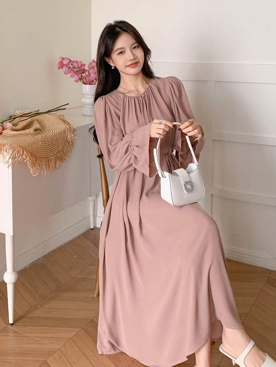 DAZY 情人节粉色腰部收紧宽松连衣裙，女士秋季服装，返校服装长袖连衣裙 - 粉色 - 查看 1