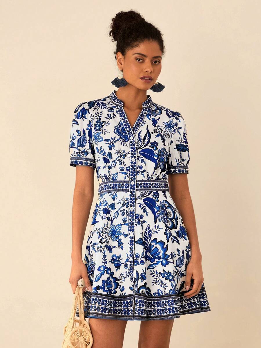 Travachic Women Floral Print V-Neck Short Puff Sleeve Mini Dress