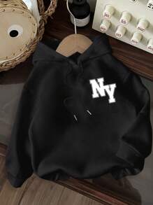 Slaydiva NY Letter Graphic Casual Plus Size Hooded Drawstring Thick Sweatshirt For Women, Suitable For Fall/Winter - Black - View 2