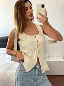 DAZY 1pc Women's Solid Color Fitted Open Collar Textured Fabric Waist Casual Tank Top, Spring/Summer - Beige - View 1