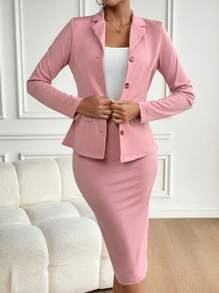 Lyxana Conjunto De Traje De Chaqueta Entallada De Solapa De Color Sólido Y Falda Lápiz Con Botones De Un Solo Pecho
