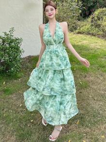 DAZY V-Neck Sleeveless Ruffle Trim Mid-Calf Floral Print Spring Dress For Women Sundress