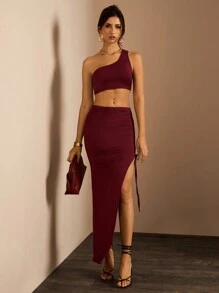 Glamine Women Solid Color Asymmetric Shoulder Sleeveless Crop Top And Skirt Set - Red Violet - View 6