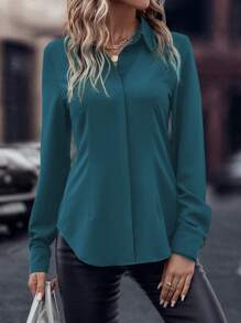 EMERY ROSE Women's Solid Color Long Sleeve Single-Breasted Casual Shirt, Autumn Fall Cloth For Women - Teal Blue - View 5