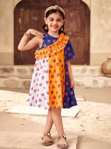 SHEIN Young Girl Casual Matching Mother-Daughter Colorful Rose Patchwork Sleeveless Dress,Suitable For Spring And Summer, Perfect For Vacations - Multicolor - View 3
