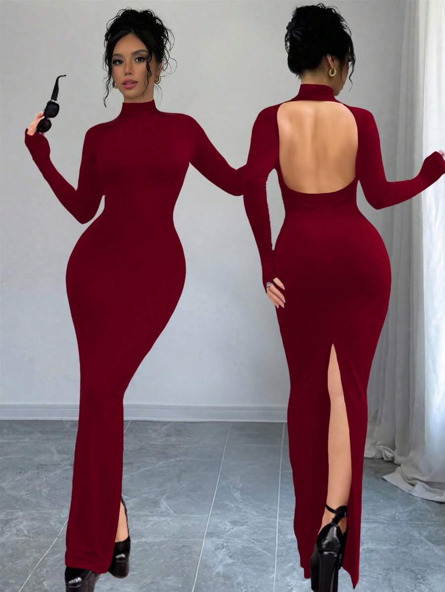 INAWLY Đầm suông tay dài cổ đứng màu trơn ôm vừa vặn cho nữ - Màu Đỏ Sâu - Xem 1