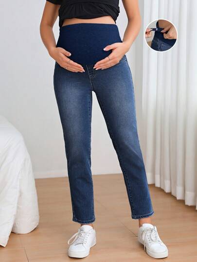 SHEIN Maternity Adjustable Pocket Detail Casual Denim Pants Maternity Jeans, For Everyday Wear