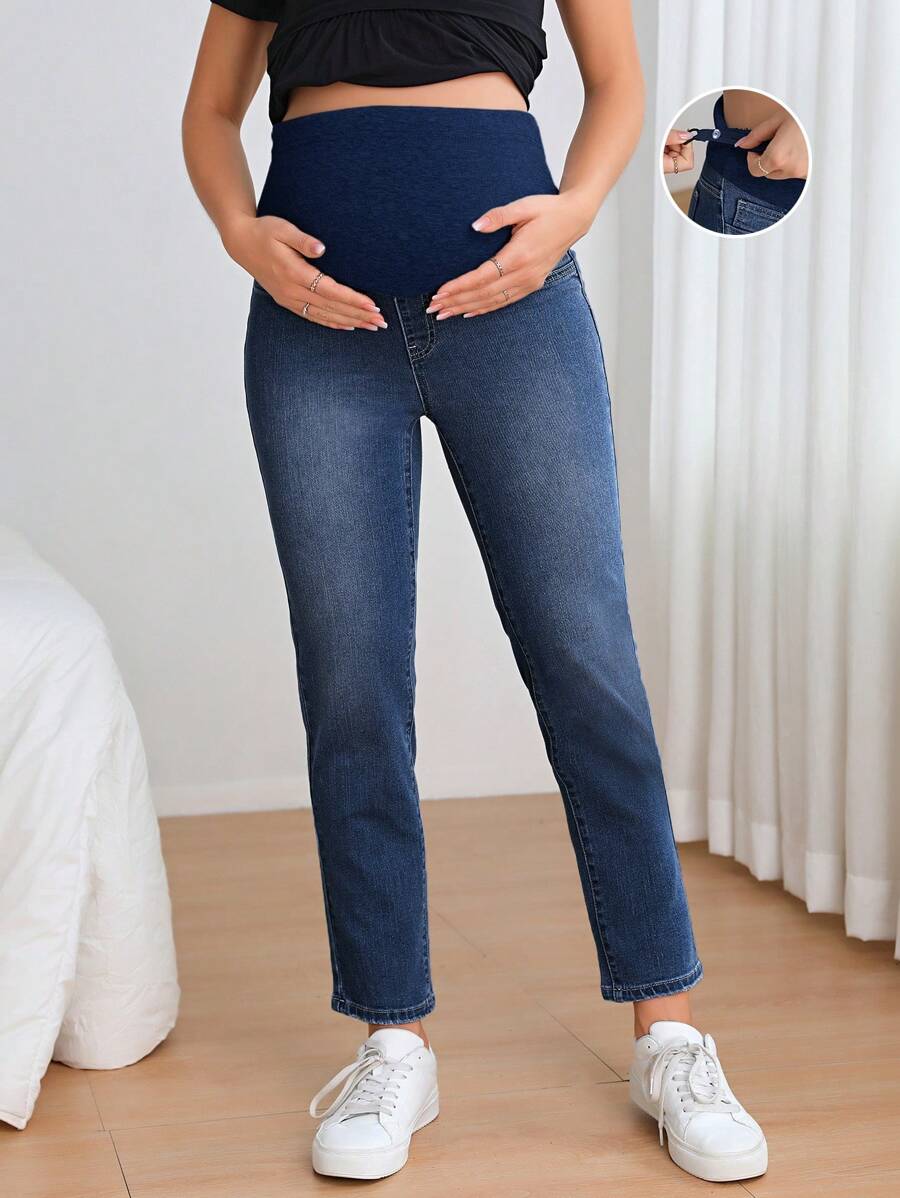 SHEIN Maternity Adjustable Pocket Detail Casual Denim Pants Maternity Jeans, For Everyday Wear