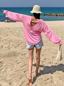 DAZY Women's Oversized Crew Neck Letter Print Dropped Shoulder Long Sleeve Casual Sweater,Fall Clothes - Pink - View 5